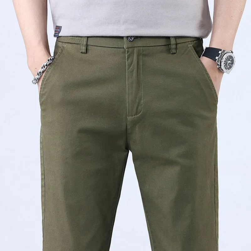 New Casual Men Stretch Cotton Straight Business Pants Male Orange Slim Fit Elastic Waist Trousers Green Khaki Korean Cargo Pants