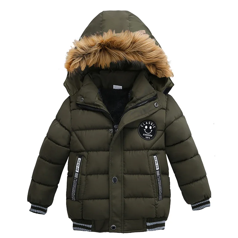 Autumn Winter Keep Warm Hooded Boys Jacket Fashion Fur Collar Heavy Cotton Outerwear For Kids 2-6Years Children Windbreaker Coat