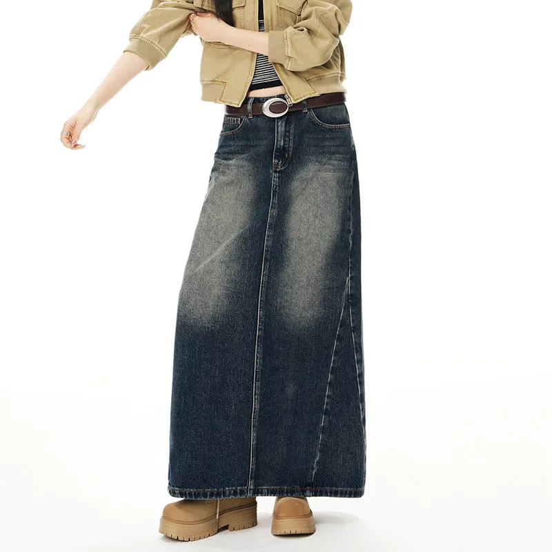 التنانير الطويلة الأمريكية الرجعية عالية الخصر الظهر سبليت الدنيم Harajuk الخريف الشتاء عادية خمر ألف خط الجينز التنانير 2025 Jupe فام #2