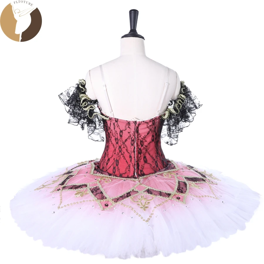 FLTOTURE Ballet Paquita Stage Tutus Dark Red Cap Lace Sleeves Girls Dance Variation Classical Professional Pancake Dress Skirt