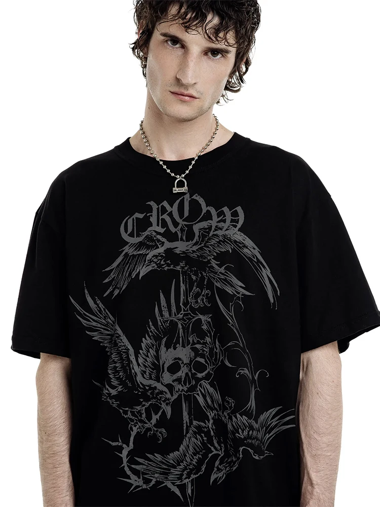Men's T-Shirts CROW Graphic Streetwear Gothic Vintage Grunge Cotton Printed Tops Tees Short Sleeve Tees Oversized Y2k Clothing