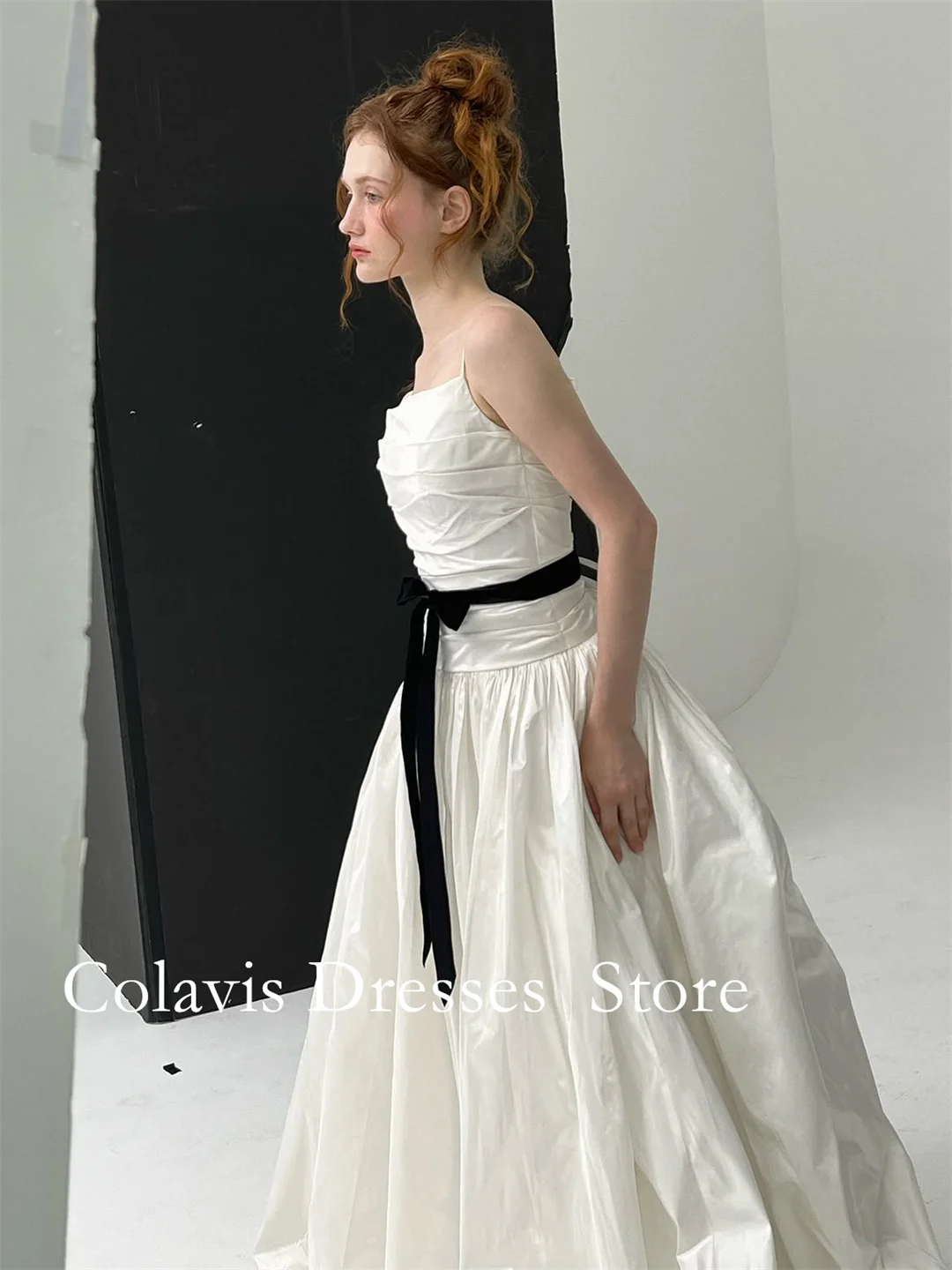 Customized Taffeta Spaghetti Strap Square Neck Wedding Dress Ruched Bodice Taffeta A‑Line Bridal Gown With Black Velvet Bow Sash