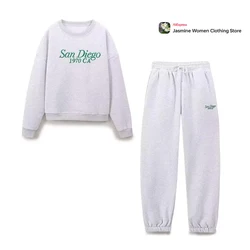 Women Light Gray Pantsuit Ensemble 2piece Femme Sport Set O-NECK Text Embroidery Sweatshirt Mid Elastic Waist Plush Jogger Pants