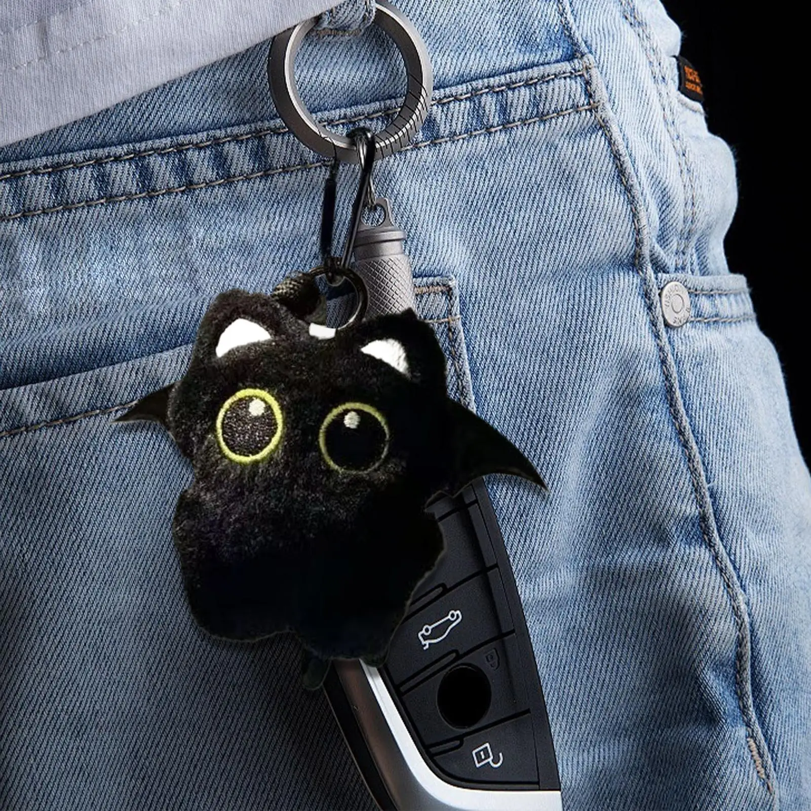 Cat Keychain Plush Cute Black Cat Plush Charm for Purse Soft Key Chain Bag Pendant for Wallets Car Tote Handbag Adults Holiday