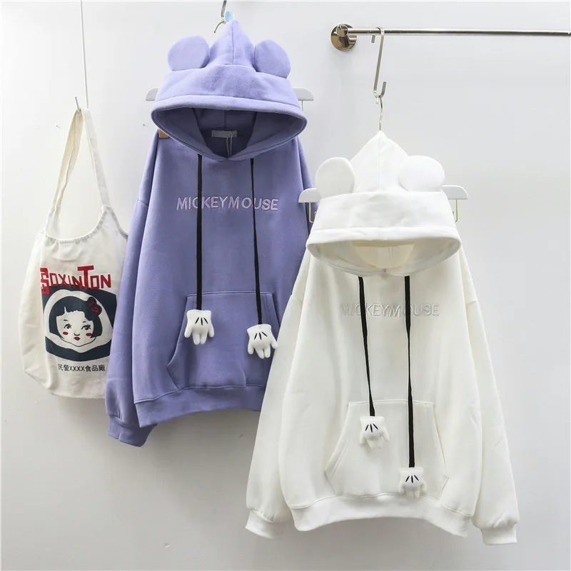 Women Autumn Winter Fleece Embroidery Letter Hoodies Girls Kawaii Loose Pullovers Sweatshirt Full-sleeve Cartoon Bear Hooded Top