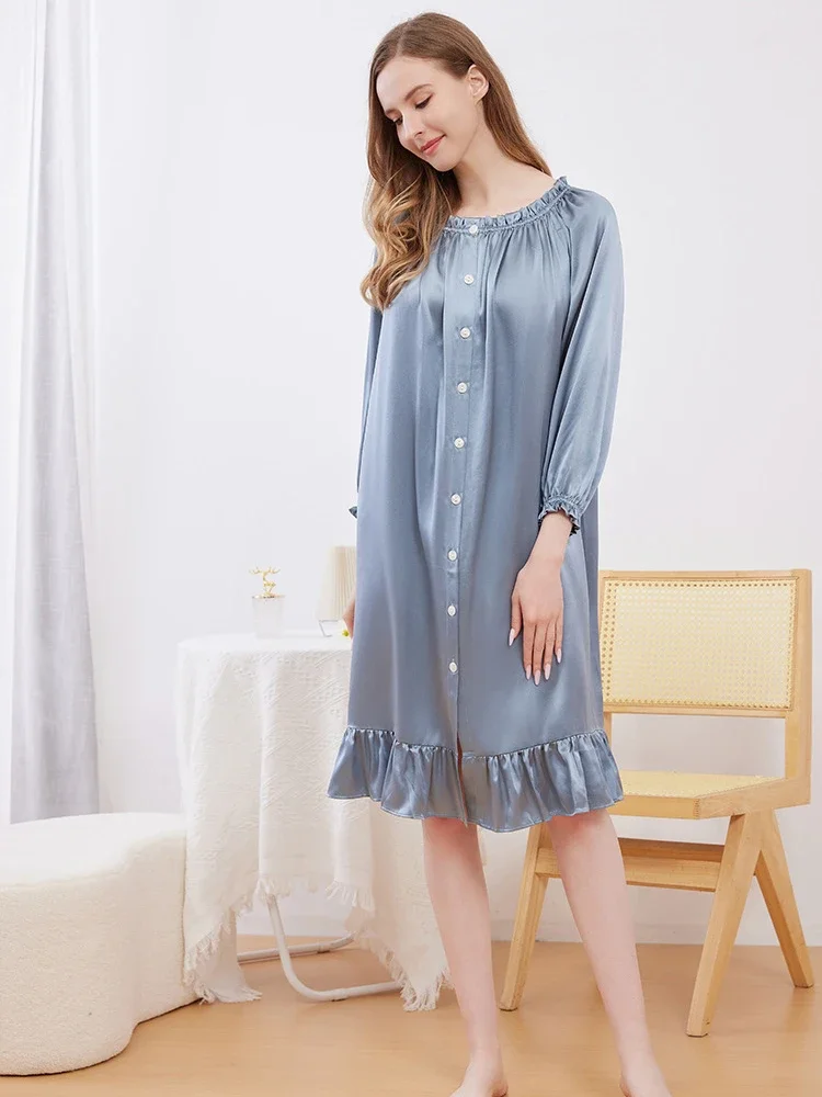19MM 100% Mulberry Silk Plus Size Cardigan Nightdress Ruffle Button Down Lapel Nightgown Women Long Sleeve Sleepshirt Midi Dress