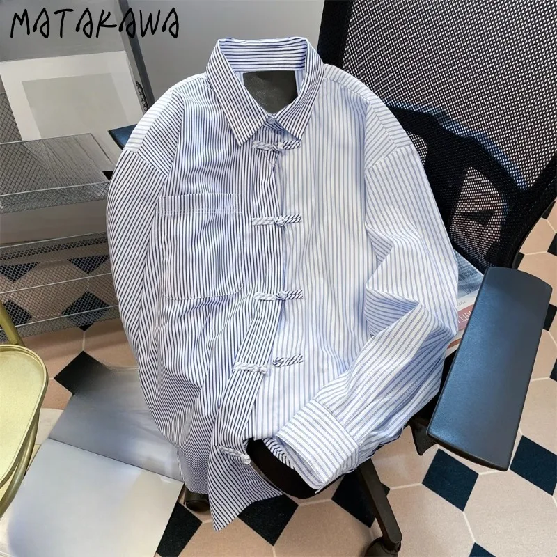 

Matakawa Chinese Style Women Shirts&blouses Stripes Spring Autumn Elegant Blusas Mujer Fashion Simple Vintage Chic Camisas