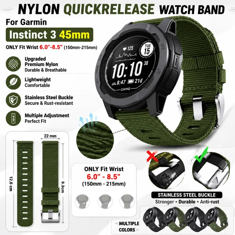 22mm Nylon Sport Band for Garmin Instinct 3 Nylon Strap with Reinforced Thick Spring Bars for Garmin Instinct 2 Solar Tactical