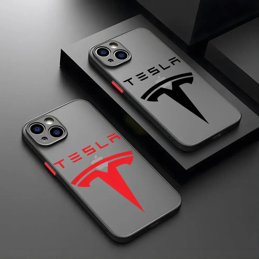 Funda T-Tesla Car Logo phone case  For Thought iPhone 16 15 14 12 13 11 Pro Max XR XS Max Mini X 7 8 Plus matte Cover