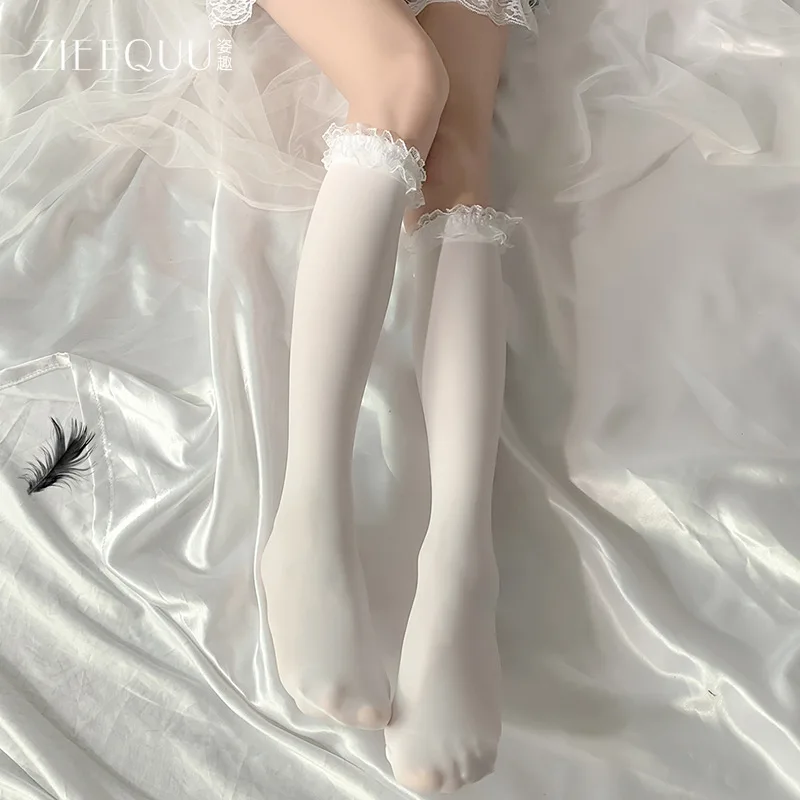 

Милые носки до середины икры Jk в японском стиле, сексуальные кружевные тонкие хлопковые носки до середины икры с кружевной отделкой для женщин, чистый черный и белый 5017