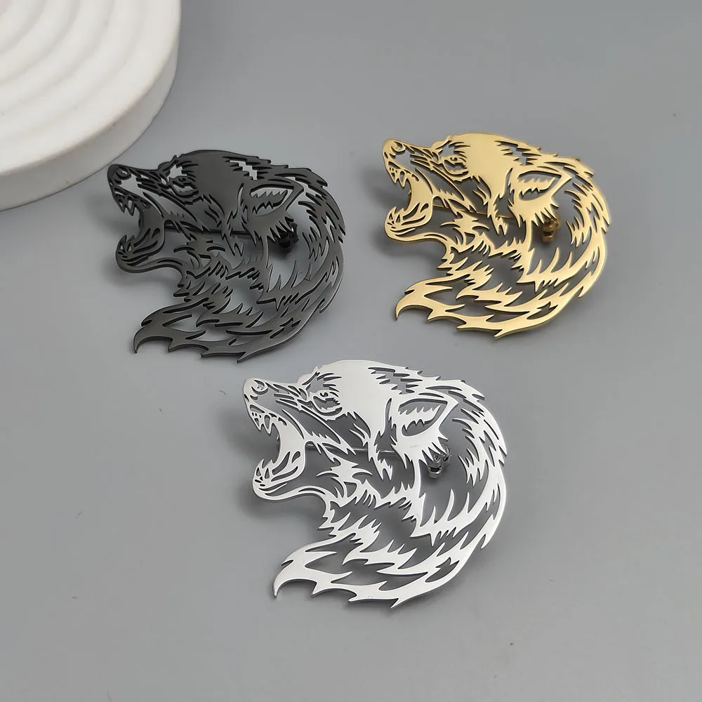 316L Stainless Steel Plated 18K Gold Roaring Bear Head Hollow‑Out Brooch Lapel Pin for Jacket Backpack Unisex Jewelry Gift