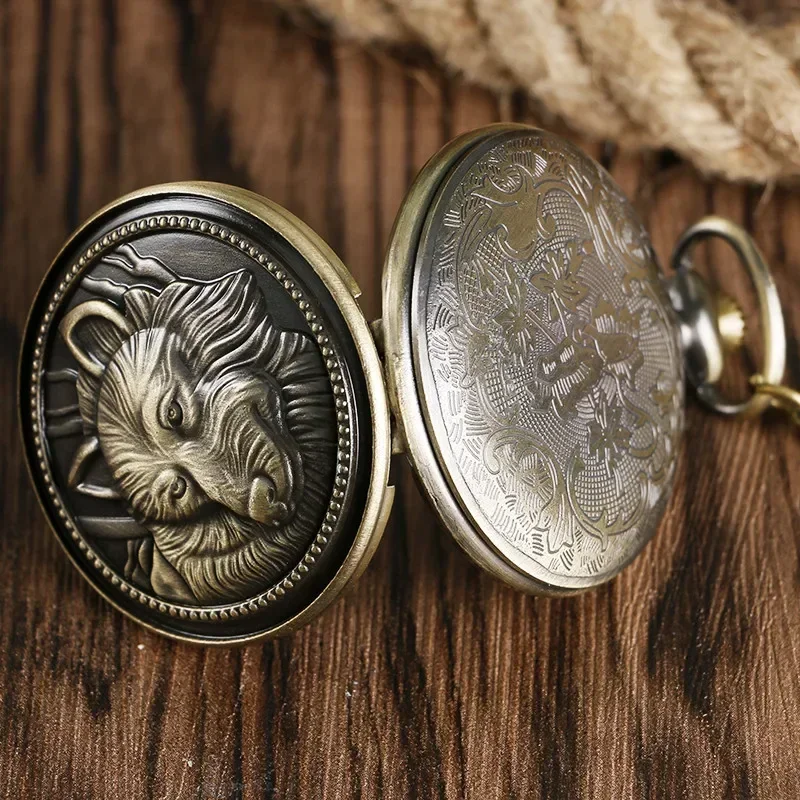 Retro Carved Wolf Dog Pattern Men Women Analog Quartz Pocket Watch Arabic Number Display Clock with Necklace Chain Gift