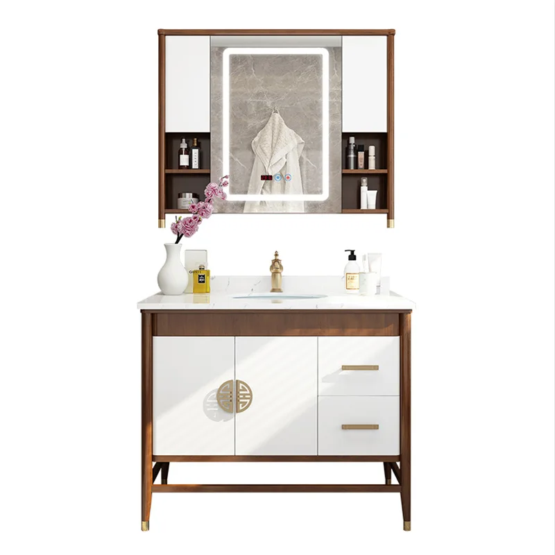 

Новая китайская комбинация мебели для ванной комнаты: тумба-умывальник из массива дерева от пола до потолка, современный антикварный стиль.