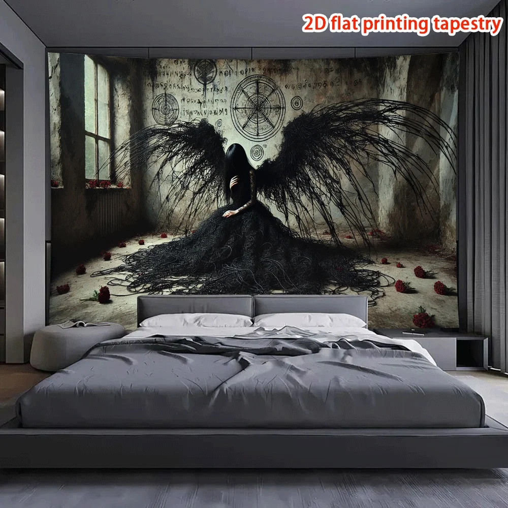 Gothic Fallen Angel Wall Hanging Tapestry, Dark Occult Symbol Art Decor Fabric, Unique Mysterious Ornament For Home Room