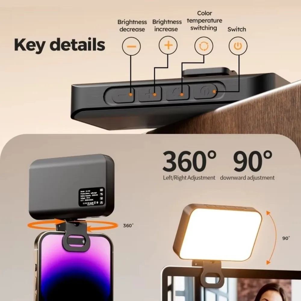 

800/1000mAh LED Selfie Light USB Rechargeable Adjustable Brightness Mini Selfie Light 3 Modes Clip Ring Flash Light Tablet Use