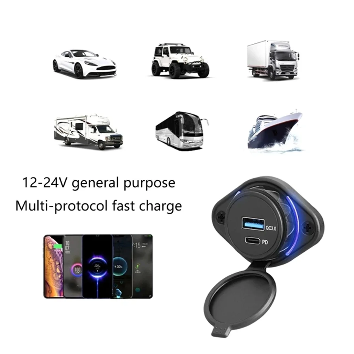

12V 24V Car Boats Motorbike USB Type C PowerAdapter Outlet Panel for Car, Motorbike, Bus, RVs, Boats, and 12/24V Vehicle