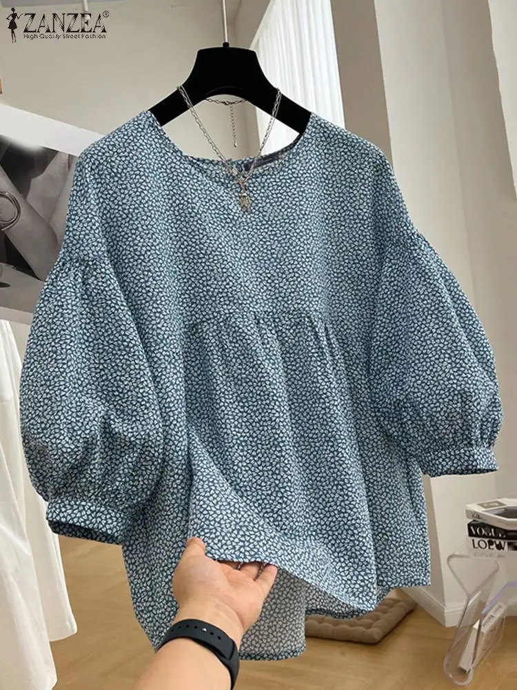 ZANZEA Women Printed Simple Blouse Korean Fashion 3/4 Puff Sleeve Tops Casual Summer 2024 Pleating Tunic Holiday Patchwork Blusa