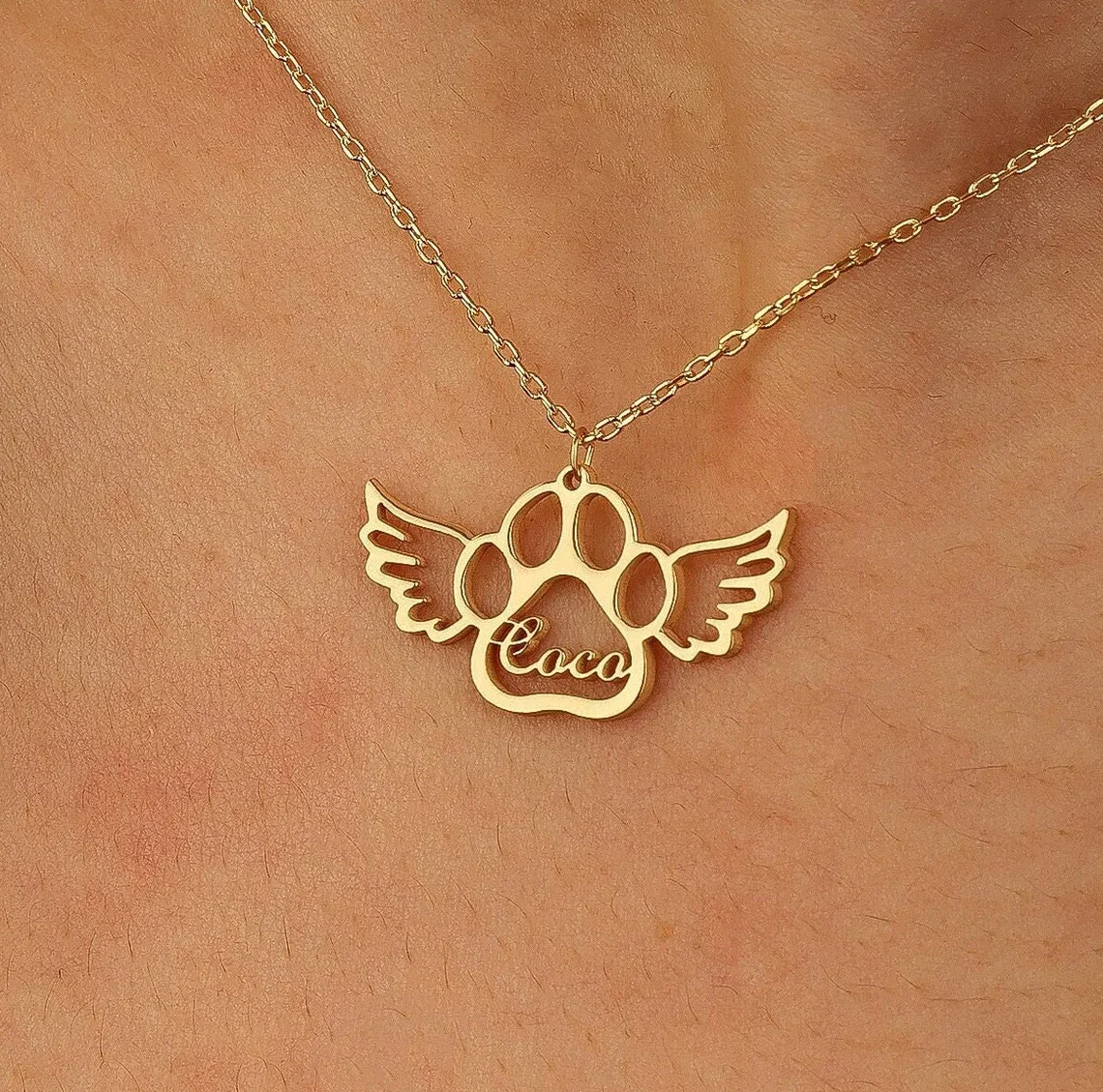 Custom Dog Paw Name Necklace Women Children Jewelry Stainless Steel Personalized Gold Color Angel Wings Cat Footprint Necklace