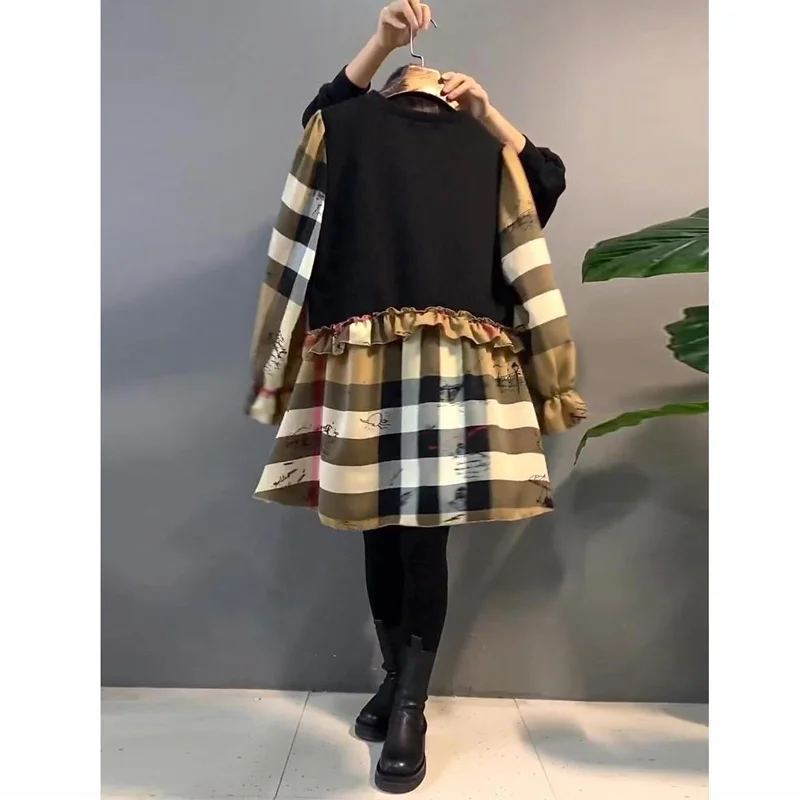 Spring Autumn New Print Patchwork Blouse Loose Pleated Long Sleeve V Neck Plus Size Trend Shirts Vintage Fashion Women Clothing