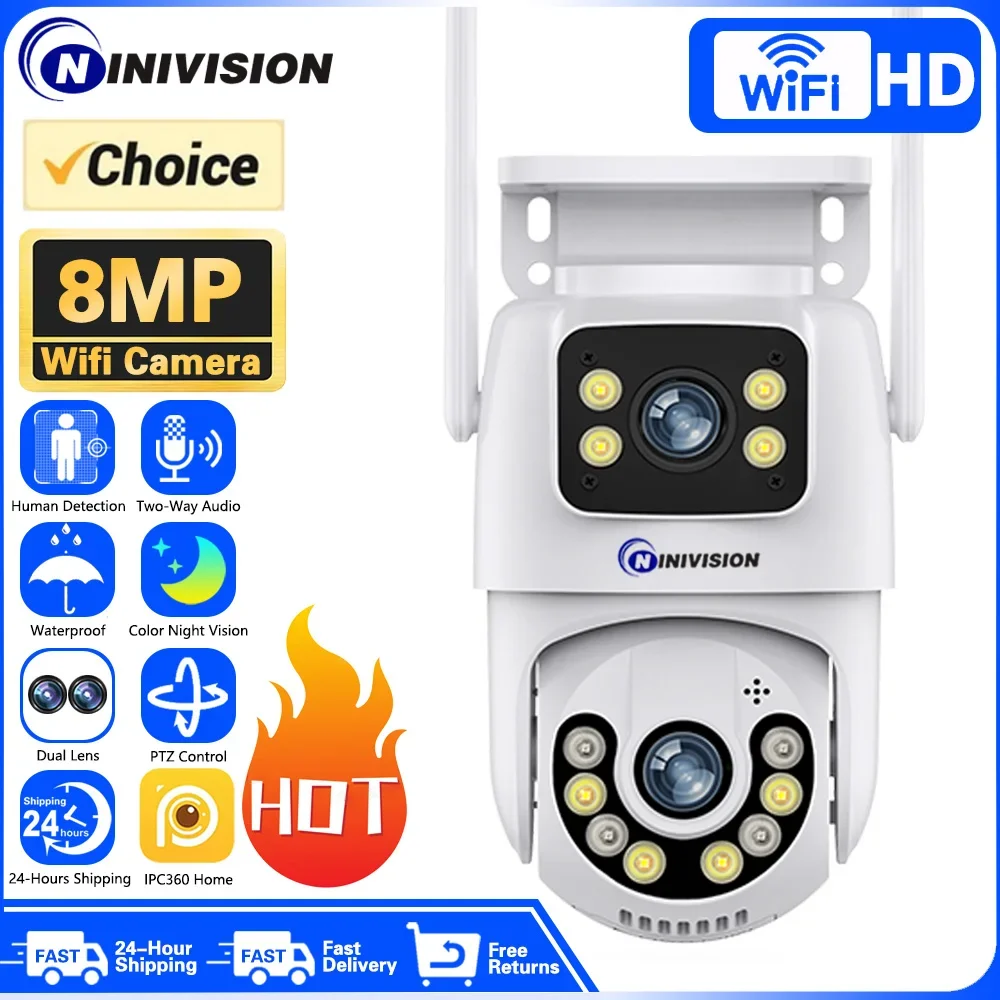 4K HD Wireless CCTV Security Cameras Dual Lens Outdoor Auto Tracking Wfii PTZ Surveillance Camera Color Night Vision IP Cam 8MP