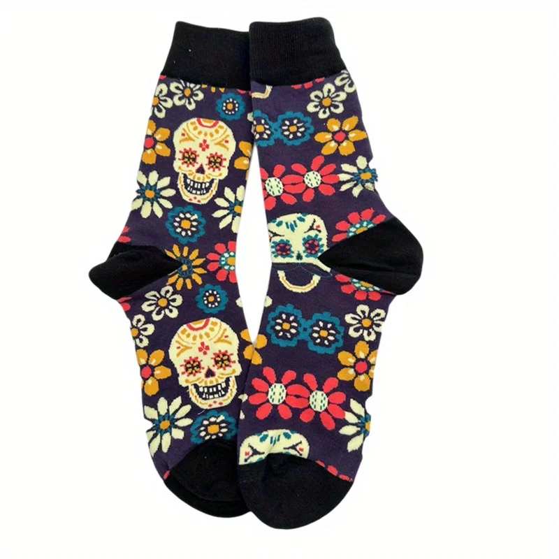 1pair Men\'s Creative Casual Harajuku Funny Personality Comfortable Skull Head Print Hiphop Fashion Print Breathable Socks