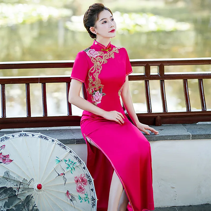 

New Female Long Qipao Chinese Elegant Performance Clothing Dress Retro Classic Slim Walking Show Applique Cheongsam Vestidos