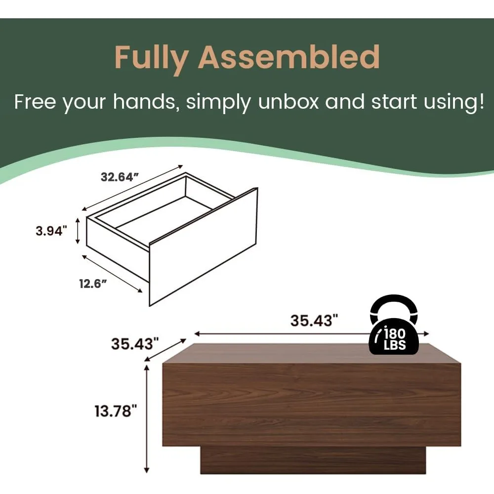 طاولة قهوة مربعة حديثة مع مساحة تخزين، طاولة قهوة خشبية مقاس 35.43 بوصة لطاولة غرفة المعيشة من خشب الجوز، مجمعة بالكامل #2