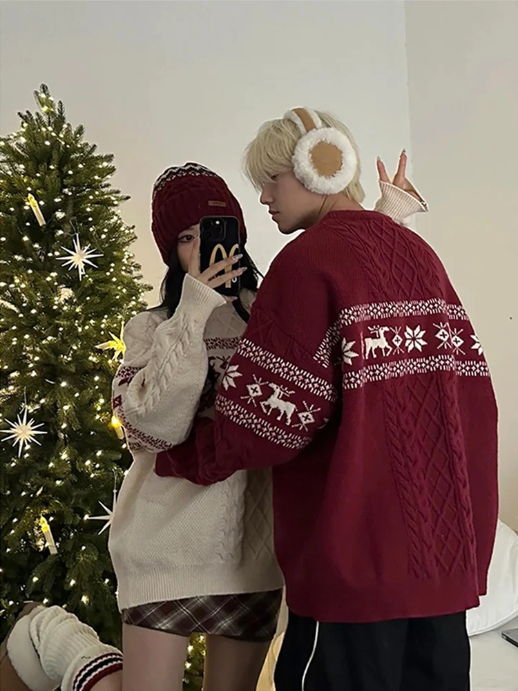

Красный вязаный свитер с узором оленя, новогодняя парная одежда, зимний теплый эластичный пуловер с длинными рукавами и круглым вырезом, полиэстер