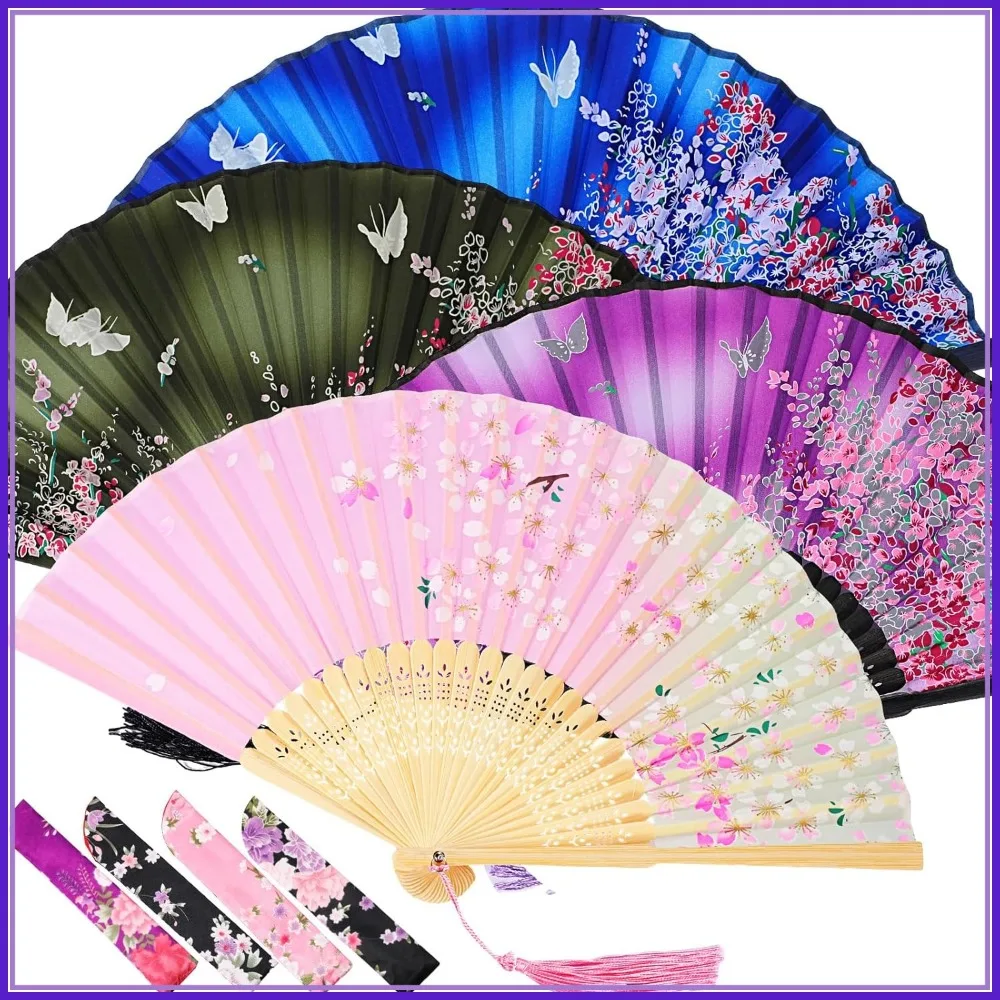 

4 Pack Handheld Floral Folding Fans, Silk Bamboo with Tassel, Hollowed Hand Fan for Wedding Decoration Gift