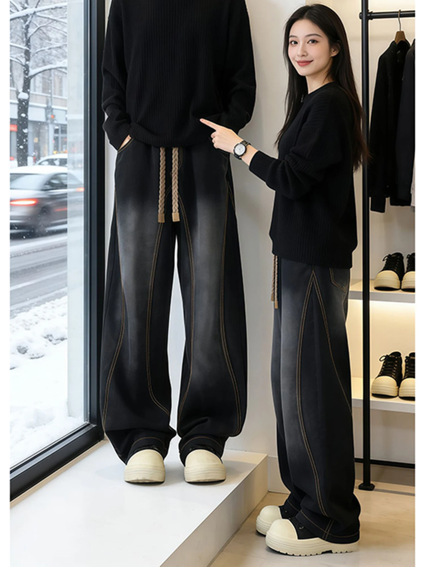 

Мужские свободные джинсы с широкими штанинами, весенне-осенние, повседневные, с косым кроем, черные, в стиле Cleanfit