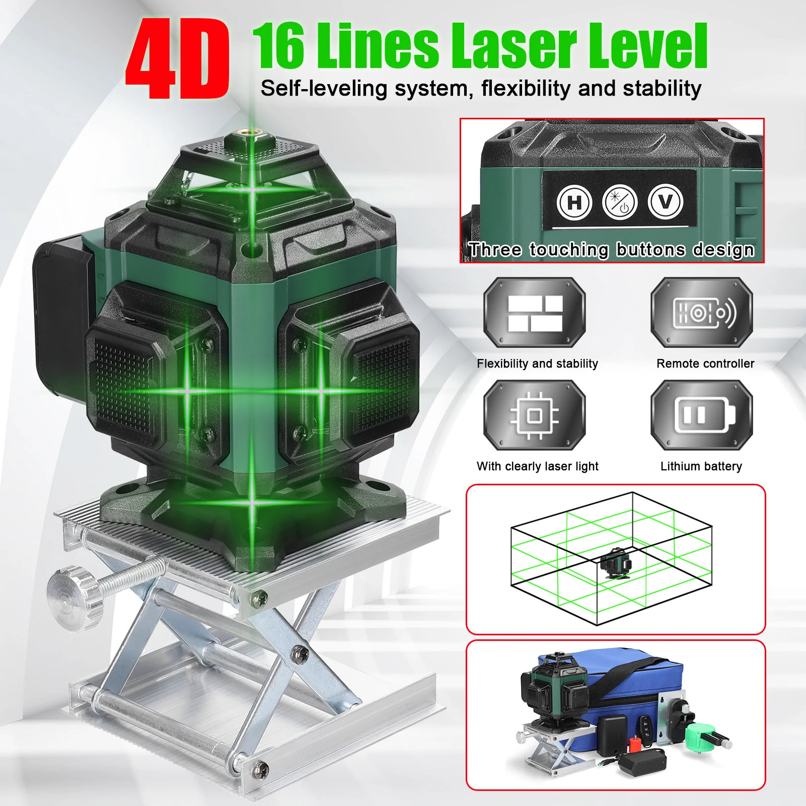 16 Green Lines Laser Level 3° Self-leveling Function Leveling Omnidirectional Ground Wall Sticker Home Improvement Tools Set