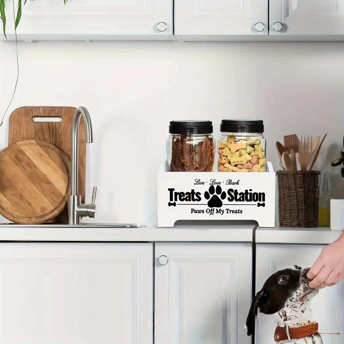 Wooden Dog Treat Container With 2 Plastic Jars, Rustic And Practical, Pet Treat Storage Box For Pet Owners And Lovers.