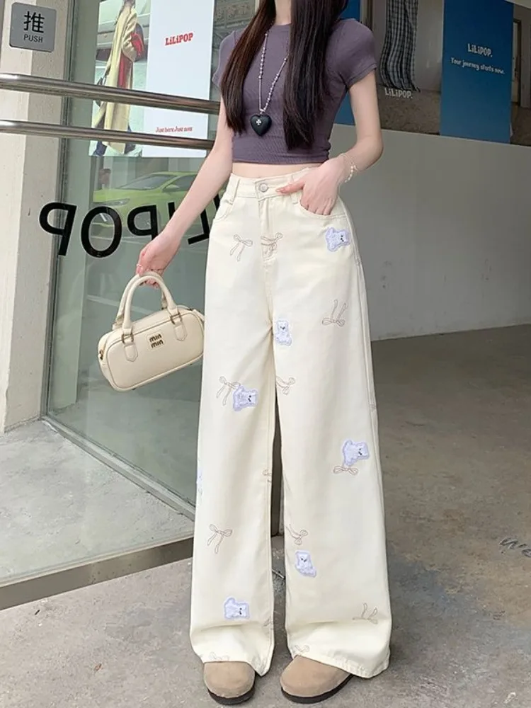 Women Retro Bow Y2K Korean Style Fashion Denim Pants Loose 2025 Sweet Girl Wind Embroidered Bear Pattern Jeans