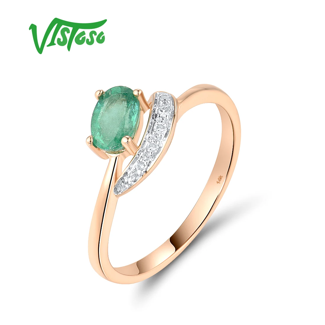 VISTOSO Real 14K 585 Rose Gold Solitaire Rings For Women Sparkling Diamond Emerald Delicate Wedding Anniversary Fine Jewelry