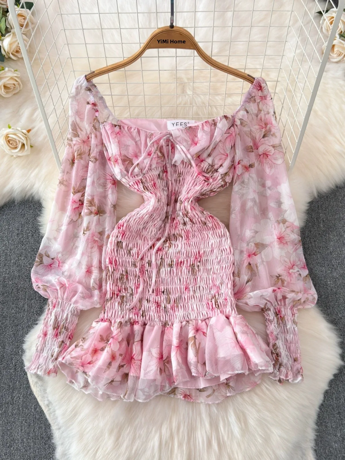 Early Autumn Floral Print Chiffon Dr Long Sve Vintage Sweet Lace Hem Fi Tail Skirt Wrap ort Skirt Korean Sle Commute