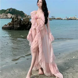 New Summer V-neck Pink Sweet Split Long Beach Dress Ruffles Flare Long-sleeved Sheer Cover Up Dress Fairy Cardigan for Women