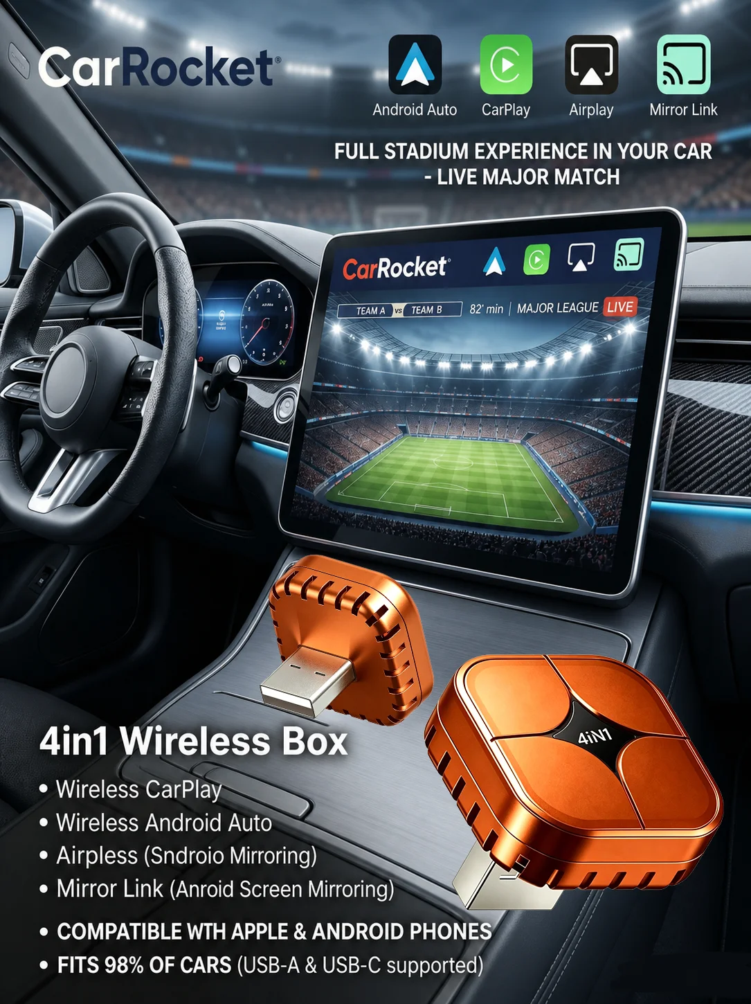 2026 4-in-1 Kabelloses CarPlay Mini AI Box mit Effizienter Wärmeableitung Unterstützt Android Auto AirPlay Miracast USB Auto-Verbindung – Detail 7