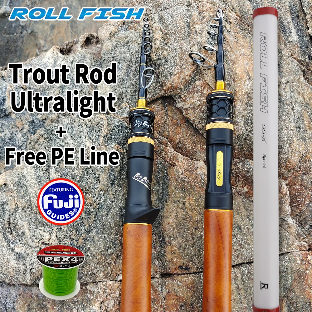 ROLLFISH Tragbare Teleskop-Angelrute mit ultraleichter Leistung, schnelle Aktion aus Kohlefaser mit Fuji-Führern + 100 m PE-Schnur