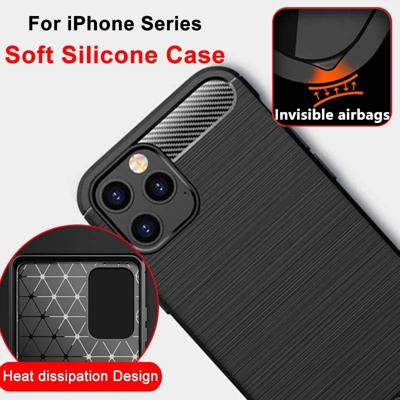 For iPhone 14 13 12 11 Pro Max 7 8 Plus SE Carbon Fiber Soft TPU Case Full Cover Heat Dissipation Matte Back Airbag Shell Funda