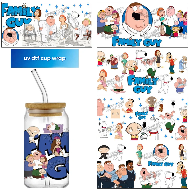 funny family Series UV DTF Cup Wrap For 16oz Libbey Beer Glass Can DIY transfer Sticker Cartoon Selfadhesive Washable