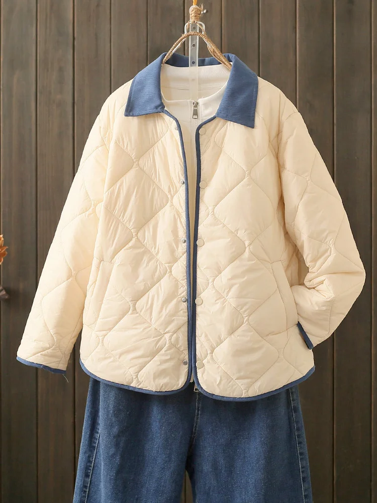 Autumn Winter plus Size Korean Style Diamond Pattern Cotton Jacket Collar Color Block Loose Slimming Versatile Cotton Coat