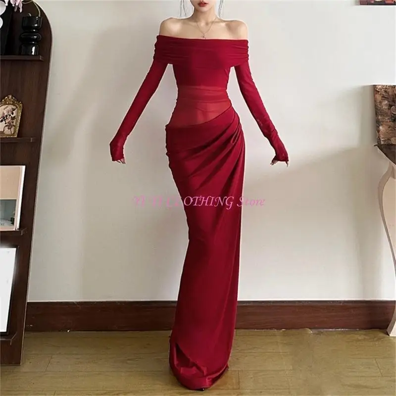 N5KF BodyCon Maxi Dress Długie rękawie Ruched Off Rame Sheer Mesh Suknia dla kobiet