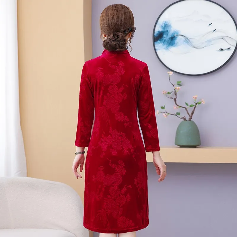 فستان شيونغسام مخملي ذهبي للنساء ، فستان أحمر نحيف ، ثوب قطيفة للأم ، حفلة مسائية ، الربيع والخريف #2