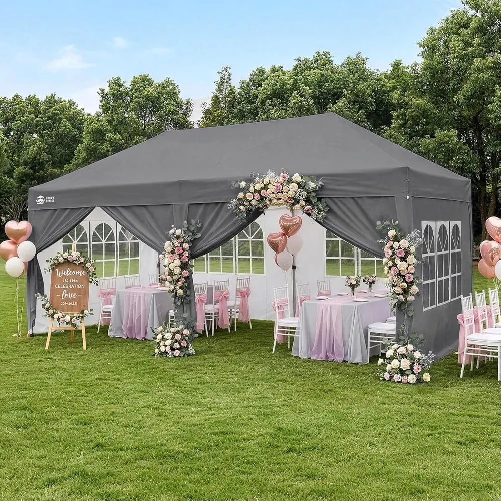 10X20 Up Commercial, Outdoor Camping Tent, Sidewalls with Windows, 400D abric, Gray view 2