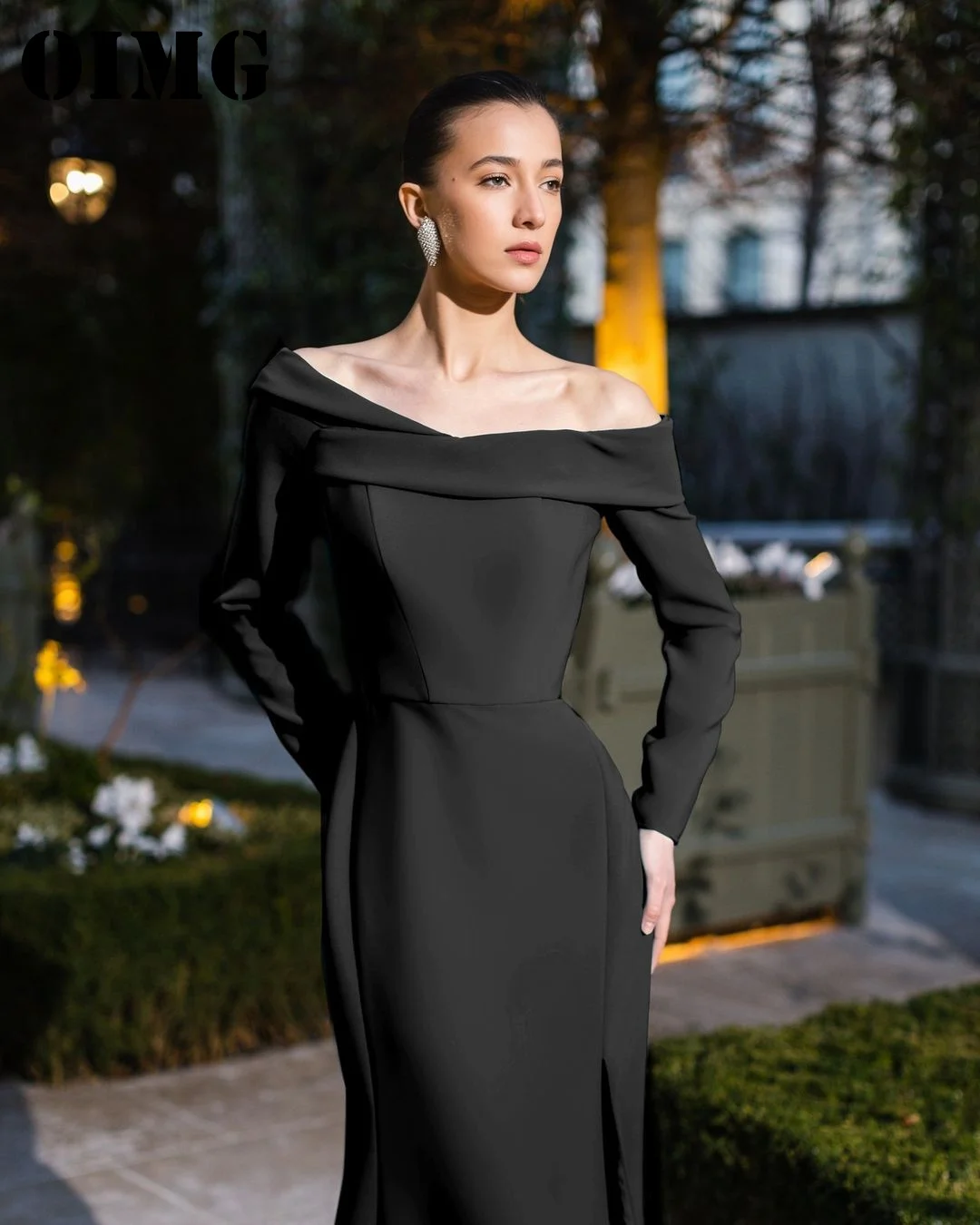 

OIMG Off the Shoulder Prom Dresses Long Sleeves Saudi Arabic Women Satin Cape Black Evening Gowns Occasion Formal Party Dress