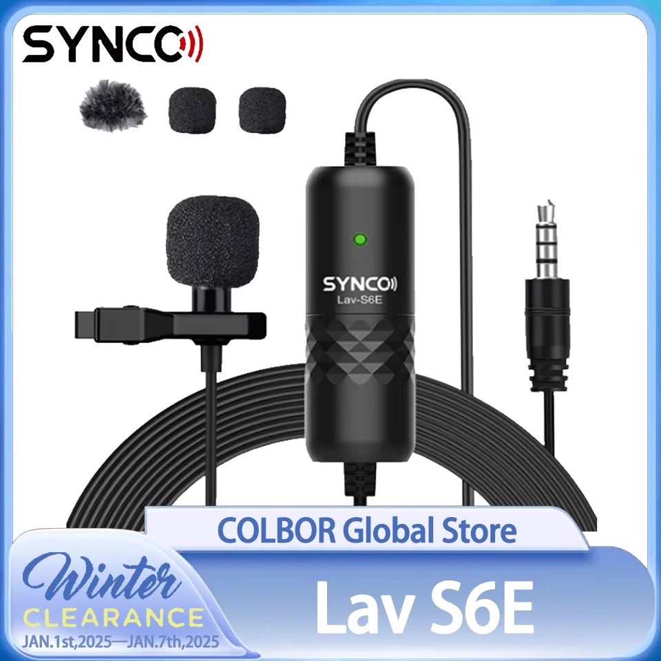 SYNCO Lav S6E Wired Lavalier Microphone Clip-on Omnidirectional Condenser Lapel Microfone Auto-Pairing 6M/19.7 Long Cable