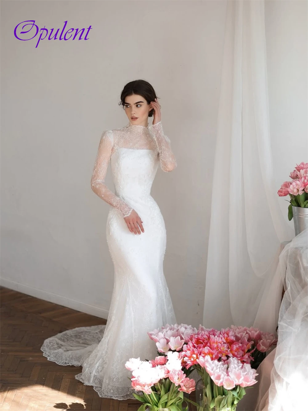 تخصيص أنيقة الدانتيل الأبيض زي العرائس الرسمي س الرقبة طويلة الأكمام فستان الزفاف الكلاسيكية حورية البحر ذيل محكمة رداء دي mariée