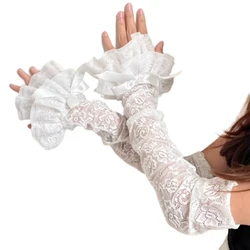 2000s Girls Punk Ruffled Lace Bowknot Arm Sleeves Fingerless Gloves Women Spring Summer Arm Covers Hand Sleeves for Party Daily