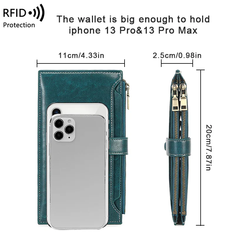 Western RFID Blocking Multi-card Slot Double Zipper Women Phone Bag Large Capacity PU Leather Card Holder for Mens