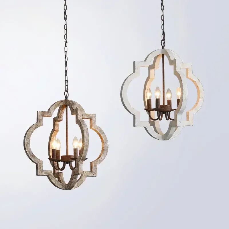 Rustic Farmhouse Metal Chandelier Lighting Distressed Wood Ceiling Light Fixture Kitchen Entryway Foyer -4 Lights